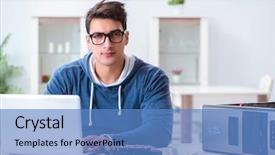  Presentation with bitcoins - Presentation design having stock scams - young man mining bitcoins background and a teal colored foreground