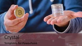  Presentation with bitcoins - Slide deck featuring stock scams - young man mining bitcoins background and a tawny brown colored foreground