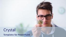  Presentation with bitcoins - Theme having stock scams - young man mining bitcoins background and a sky blue colored foreground