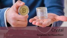  Presentation with bitcoins - Colorful presentation design enhanced with stock scams - young man mining bitcoins backdrop and a tawny brown colored foreground