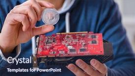  Presentation with bitcoins - Presentation theme featuring stock scams - young man mining bitcoins background and a navy blue colored foreground