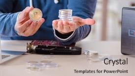  Presentation with bitcoins - Presentation design featuring stock scams - young man mining bitcoins background and a mint green colored foreground