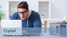  Presentation with bitcoins - Audience pleasing PPT theme consisting of stock scams - young man mining bitcoins backdrop and a light blue colored foreground