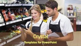  Presentation with route optimization supermarket - Presentation theme having stock taking - smiling colloeagues looking at notebook background and a tawny brown colored foreground