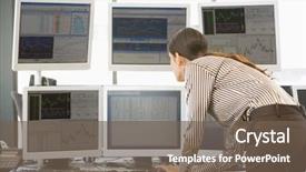  Presentation with stock share - Amazing presentation design having stock trader examining computer monitors backdrop and a violet colored foreground