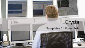  Presentation with trader - PPT theme having stock trader looking at multiple background and a light gray colored foreground