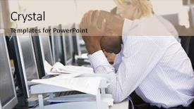  Presentation with trader - Presentation theme featuring stock trader looking frustrated background and a coral colored foreground