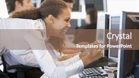  Presentation with trader - PPT layouts with stock trader overjoyed looking at monitor background and a coral colored foreground