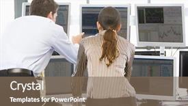  Presentation with stock share - Presentation design with stock traders viewing monitors background and a violet colored foreground