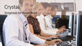  Presentation with computers - Slide deck consisting of stock traders working at computers background and a coral colored foreground