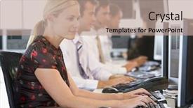  Presentation with computers - PPT theme consisting of stock traders working at computers background and a coral colored foreground