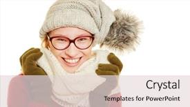  Presentation with winter - Audience pleasing slide deck consisting of stocking goods - blond smiling woman with glasses backdrop and a lemonade colored foreground