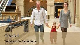  Presentation with planning family baby - Colorful presentation design enhanced with stocking goods - family with baby in shop backdrop and a coral colored foreground