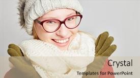  Presentation with thick glasses - Cool new slide deck with stocking goods - joyful young woman with glasses backdrop and a  colored foreground