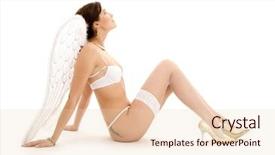  Presentation with angel in white - Presentation theme with stocking goods - picture of brunette angel girl background and a  colored foreground