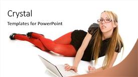  Presentation with pretty 3d animation - Slide set with stocking goods - pretty woman working with laptop background and a  colored foreground