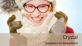  Presentation with snow - Slides consisting of stocking goods - smiling young woman background and a  colored foreground
