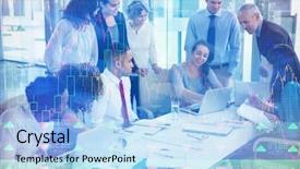  Presentation with shares - Beautiful PPT theme featuring stocks and shares against business people discussing over laptop backdrop and a light blue colored foreground