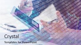  Presentation with shares - Slide set with stocks and shares against business people using tablet background and a light blue colored foreground