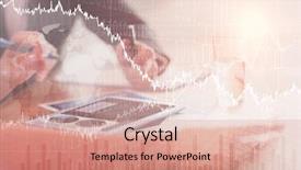  Presentation with shares - Colorful presentation theme enhanced with stocks and shares against business people using tablet backdrop and a coral colored foreground