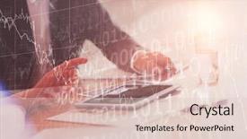  Presentation with shares - Beautiful presentation design featuring stocks and shares against business people using tablet backdrop and a lemonade colored foreground