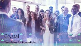  Presentation with shares - Colorful slide set enhanced with stocks and shares against businessman interacting with colleagues backdrop and a light blue colored foreground