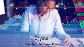  Presentation with shares - Cool new presentation with stocks and shares against businesswoman reading document at desk backdrop and a light blue colored foreground