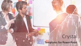  Presentation with shares - Audience pleasing theme consisting of stocks and shares against group of businesspeople looking at whiteboard backdrop and a coral colored foreground