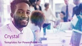  Presentation with shares - Presentation design consisting of stocks and shares against smiling businessman sitting in office background and a sky blue colored foreground