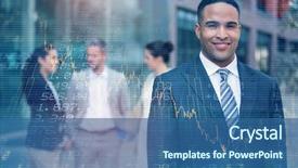  Presentation with shares - Theme with stocks and shares against smiling businessman standing outside office building background and a ocean colored foreground