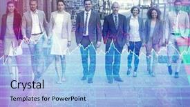  Presentation with shares - PPT theme consisting of smiling business people walking background and a light blue colored foreground