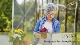  Presentation with taking notes - Presentation design consisting of stocktaking - beautiful mature woman working background and a yellow colored foreground