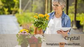  Presentation with greenhouse gases - Slide deck having stocktaking - beautiful mature woman working background and a coral colored foreground