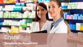  Presentation with pharmacy management people - PPT theme featuring stocktaking - pharmacist with female assistant background and a coral colored foreground