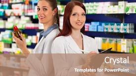  Presentation with pharmacy - Cool new PPT layouts with stocktaking - pharmacist with female assistant backdrop and a coral colored foreground