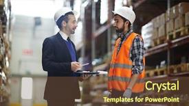  Presentation with warehouse - Theme with stocktaking - portrait of warehouse manager wearing background and a tawny brown colored foreground