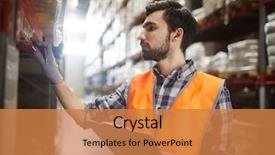  Presentation with warehouse - Theme featuring stocktaking - side view portrait of bearded background and a coral colored foreground