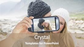  Presentation with trophy award hand holding - Colorful PPT theme enhanced with stole - hand holding smartphone showing man backdrop and a coral colored foreground