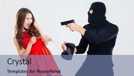  Presentation with gun - Amazing theme having stole - man theif in balaclava threatening backdrop and a seafoam green colored foreground