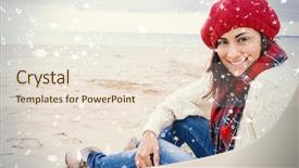  Presentation with falling snow - Presentation with stole - smiling woman in stylish warm background and a lemonade colored foreground