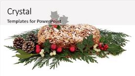  Presentation with pine cone - Presentation design with stollen christmas cake with holly red bauble clusters mistletoe ivy pine cone and cedar cypress leaf sprig decorations over white background background and a white colored foreground