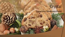  Presentation with mandarin oranges - Slide set having stollen christmas cake with mandarin oranges nuts cinnamon spice pine cones mistletoe and winter greenery background and a coral colored foreground