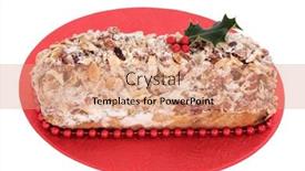  Presentation with base - Audience pleasing theme consisting of stollen christmas cake on a red foil base decorated with holly berry leaf sprig and bead strand isolated over white background backdrop and a coral colored foreground