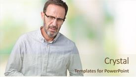  Presentation with elegant man in glasses optics - Slide deck with stomach because indigestion painful illness background and a soft green colored foreground