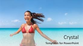  Presentation with shells beach summer holiday - Slide deck consisting of stomach free stomach - happy beach fun bikini woman background and a light blue colored foreground