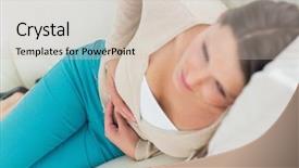  Presentation with young sing woman singing young - Theme with stomach viruses - sick woman lying background and a soft green colored foreground