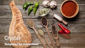  Presentation with wooden boat at sea edge - Presentation theme consisting of stone board with different spices background and a coral colored foreground