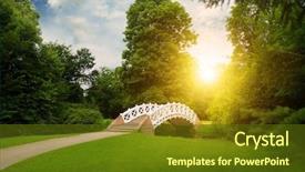  Presentation with bridge over troubled waters - Colorful presentation design enhanced with stone bridge over stream sunrise backdrop and a tawny brown colored foreground