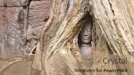  Presentation with tree roots - Beautiful PPT layouts featuring stone-carving-face-of-apsara backdrop and a coral colored foreground