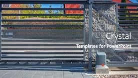  Presentation with global laptops remote - Presentation theme having stone-fence-and-entrance-gate background and a gray colored foreground